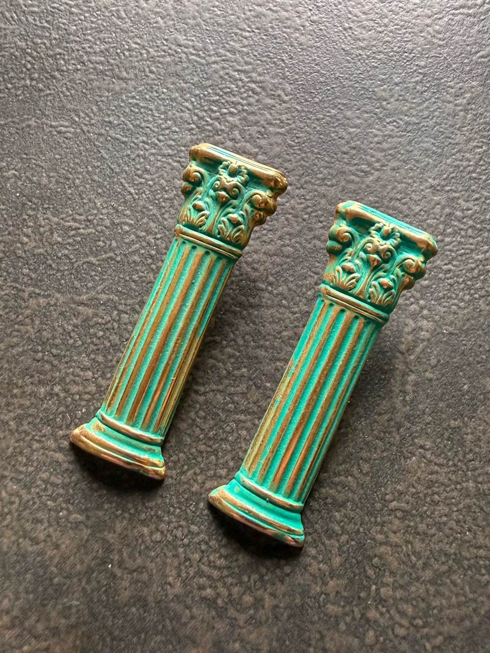 Statement Roman Column Earrings in Turquoise Green Verdigris 80’s.